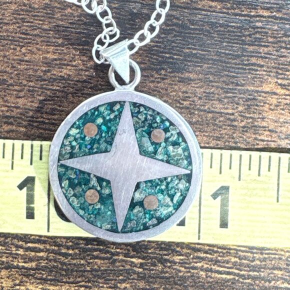 Sterling Silver 925 Turquoise Inlay Star Circle Pendant Necklace Size 31" Length - Picture 11 of 12
